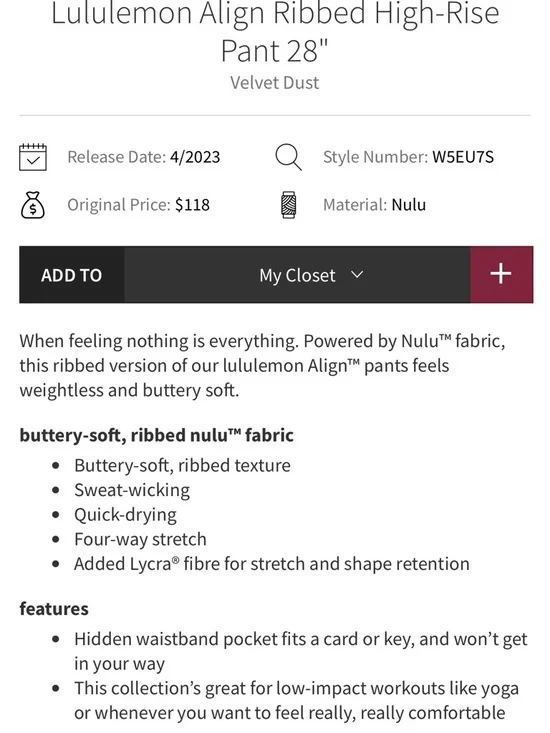 [LIKE NEW] $118 LULULEMON Align Ribbed High-Rise Pant 28" in Velvet Dust. Size 4 - Picture 4 of 9